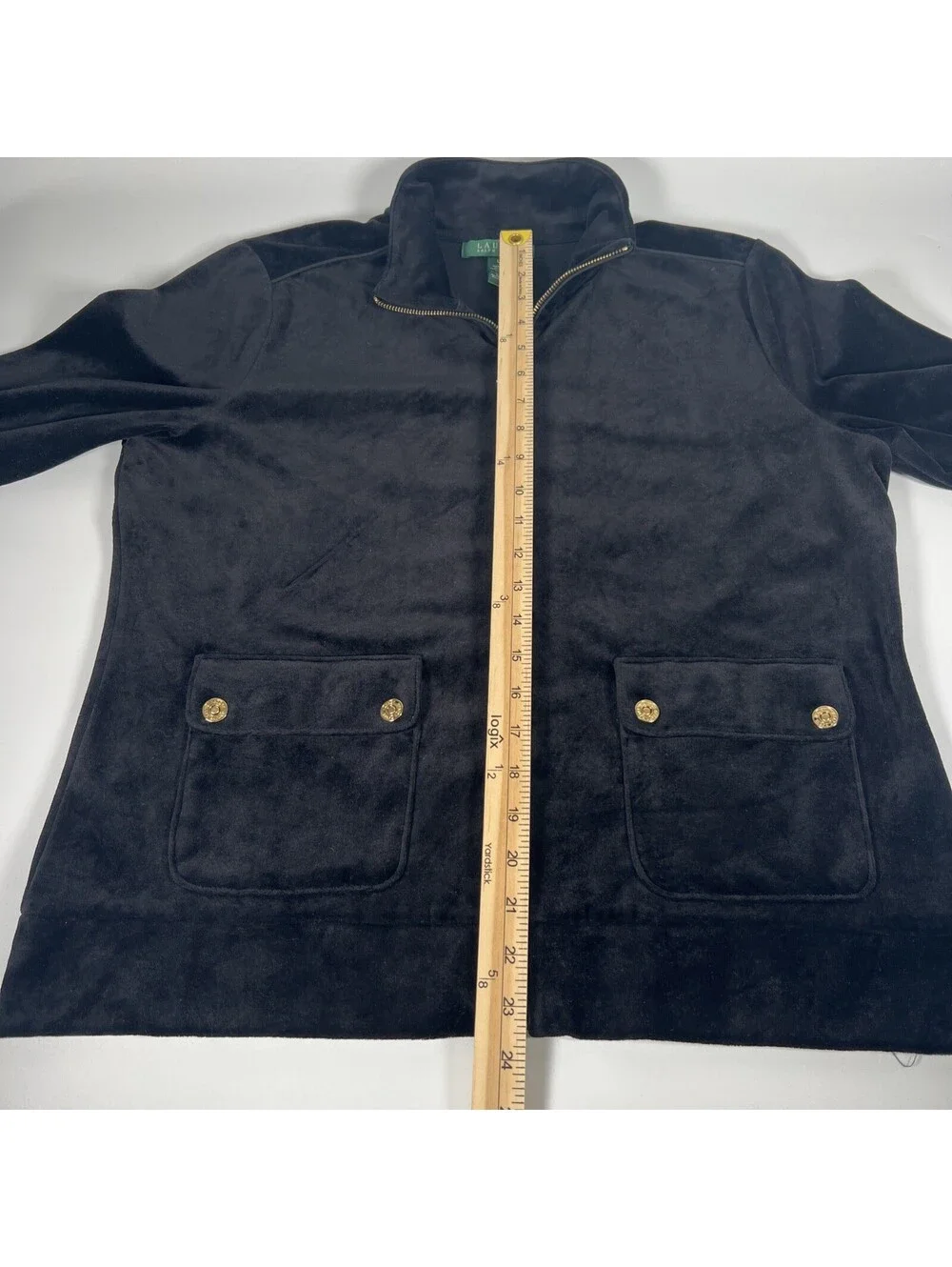Lauren Ralph Lauren Velour Jacket Black Full Zip Gold Buttons Pockets-Women's L